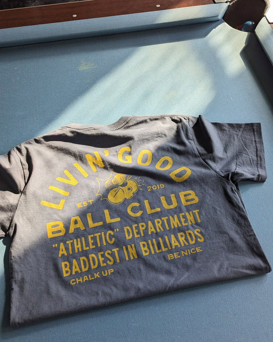 Worker Tee - Livin' Good Ball Club, Billiard shirt, billiards, pool table gifts for pool players, cat logo