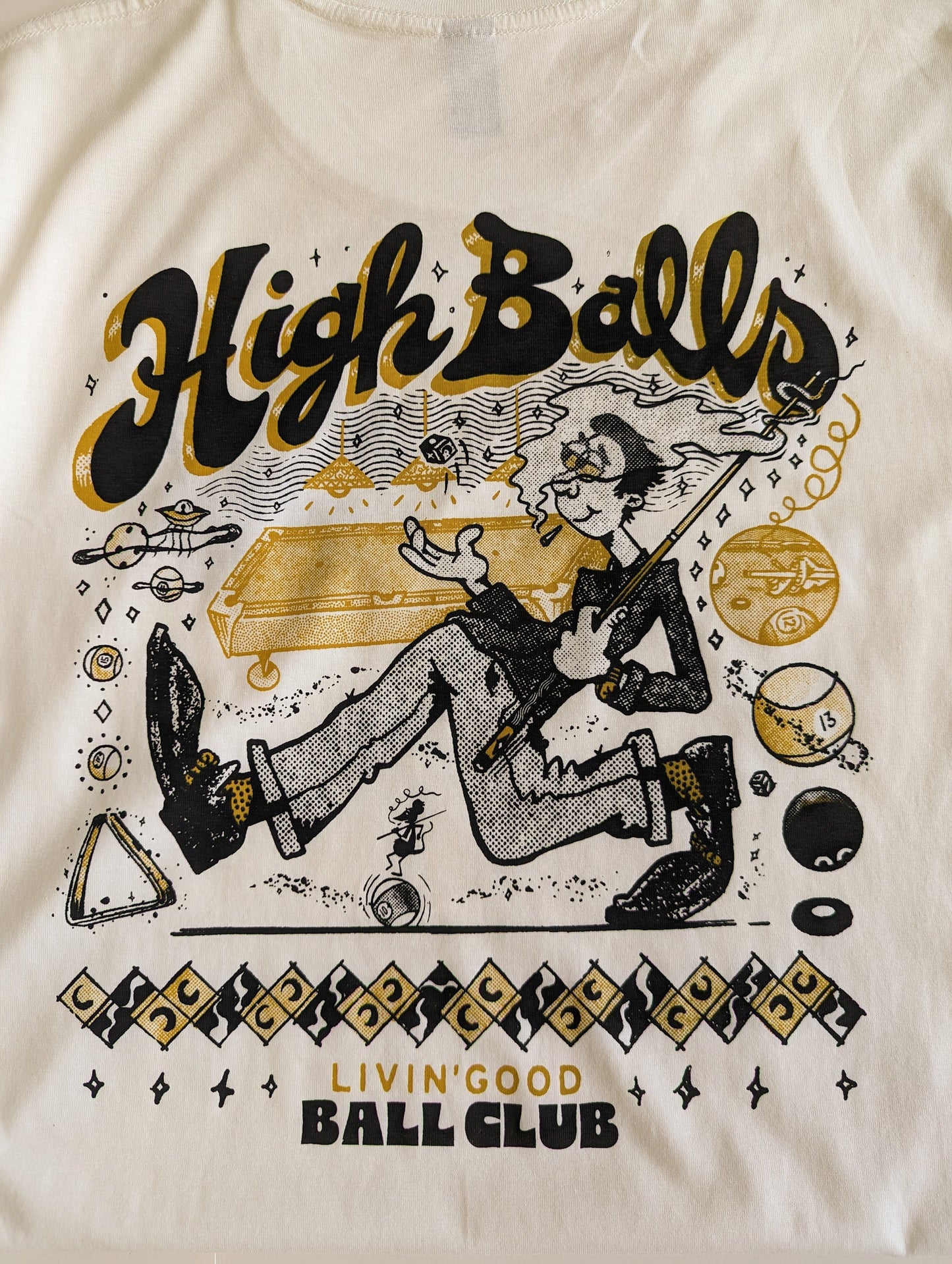 High Balls, Livin' Good Ball Club, Billiard shirt, pool shark, billiards, 2 sided graphic shirt, Chalking up, walking, character, pool table