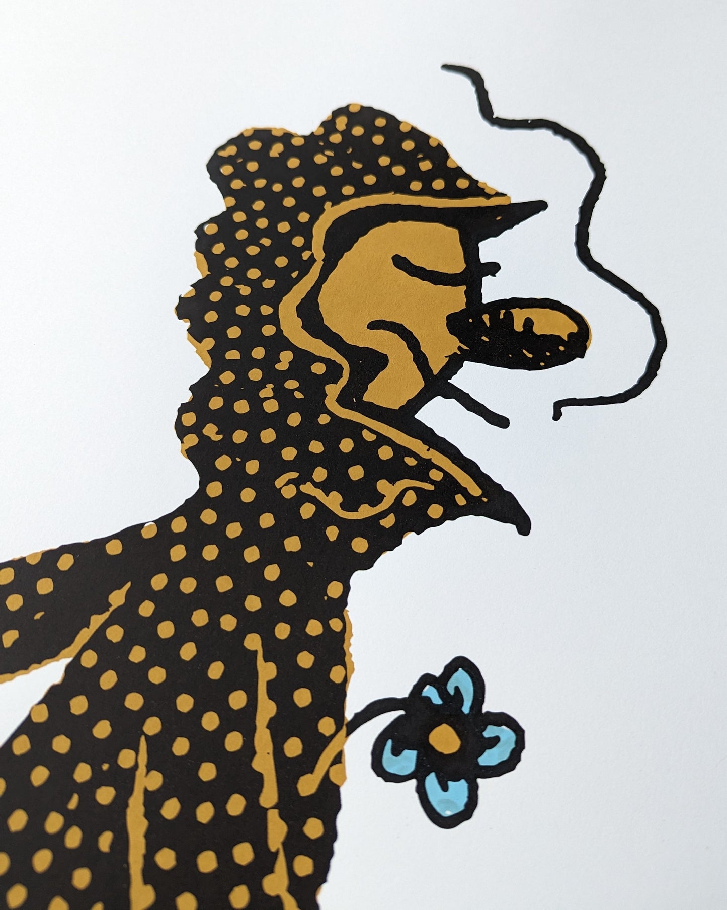 Strutin' Screen Print 20x30" smoking dots pattern walk strut character 3 color flower gold black wall art simple