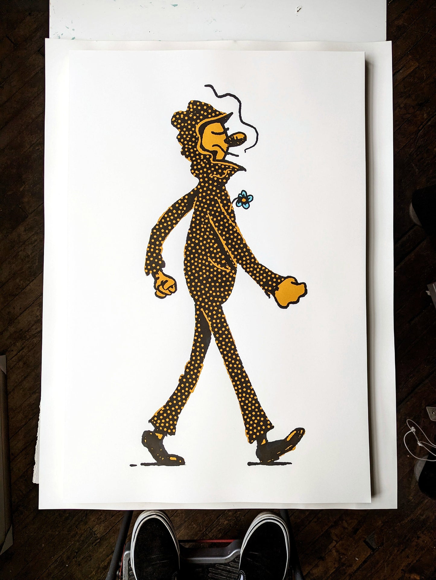 Strutin' Screen Print 20x30" smoking dots pattern walk strut character 3 color flower gold black wall art simple